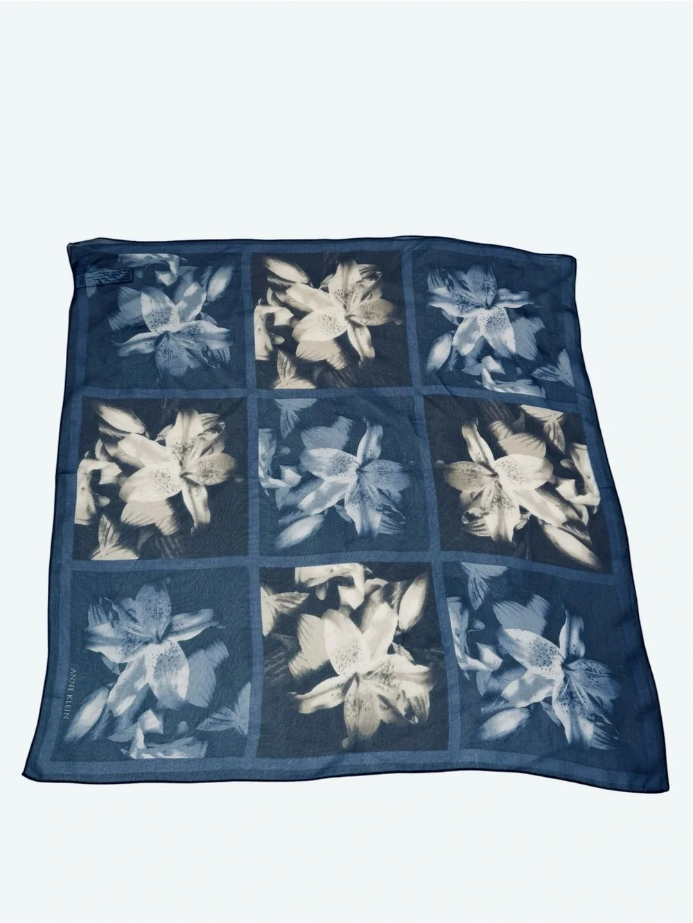 Anne Klein Blue Printed Floral 100% Silk Chiffon Square Scarf Size 21'' x 21''